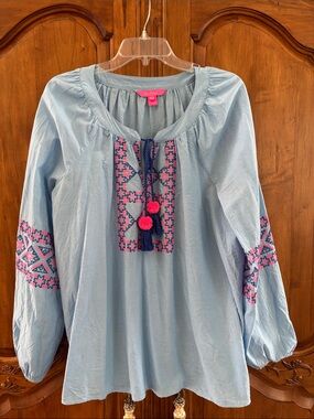 Lilly Pulitzer Blue Embroidered Peasant Top with Pink Accents